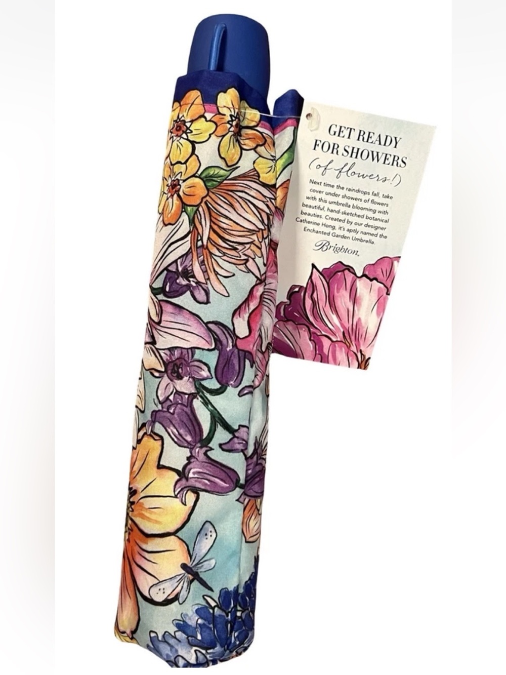 Brighton Enchanted Garden Automatic Umbrella With Blue Handle